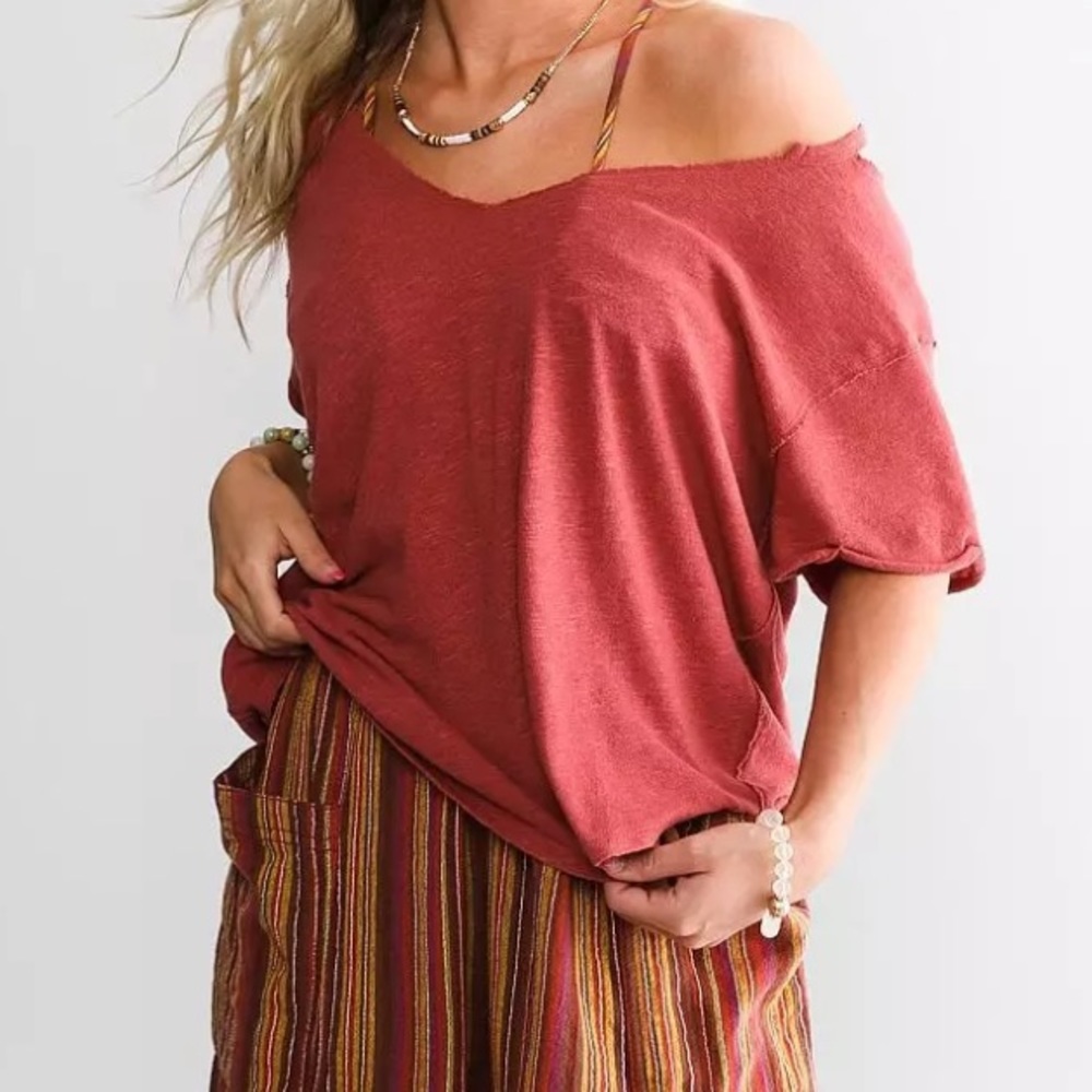 Free People Linen Cotton Blend Over U Top in Rust Red Brown